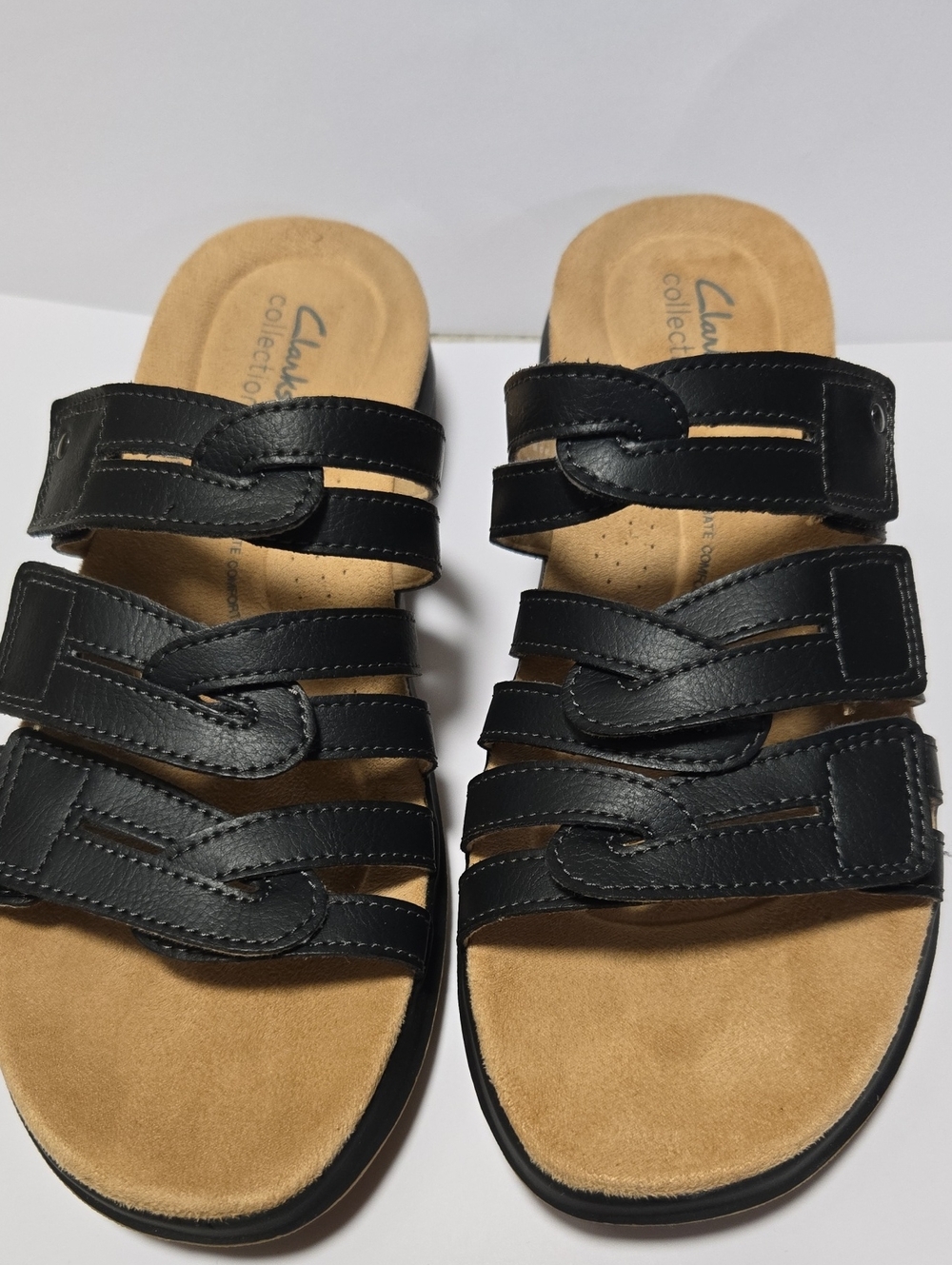 Clarks Women's Maelynn Abby Black Leather Multi-Strap Comfort Slide Sandals 8